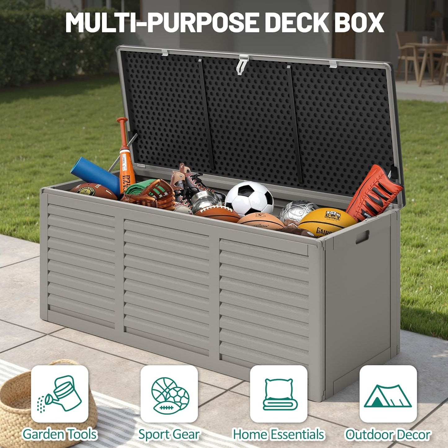 130 Gallon Deck Box Outdoor Waterproof Storage Box Lockable Resin Outdoor Storage Box for Garden Tools Patio Cushions UV-Resistant & Easy Assembled (Gray)