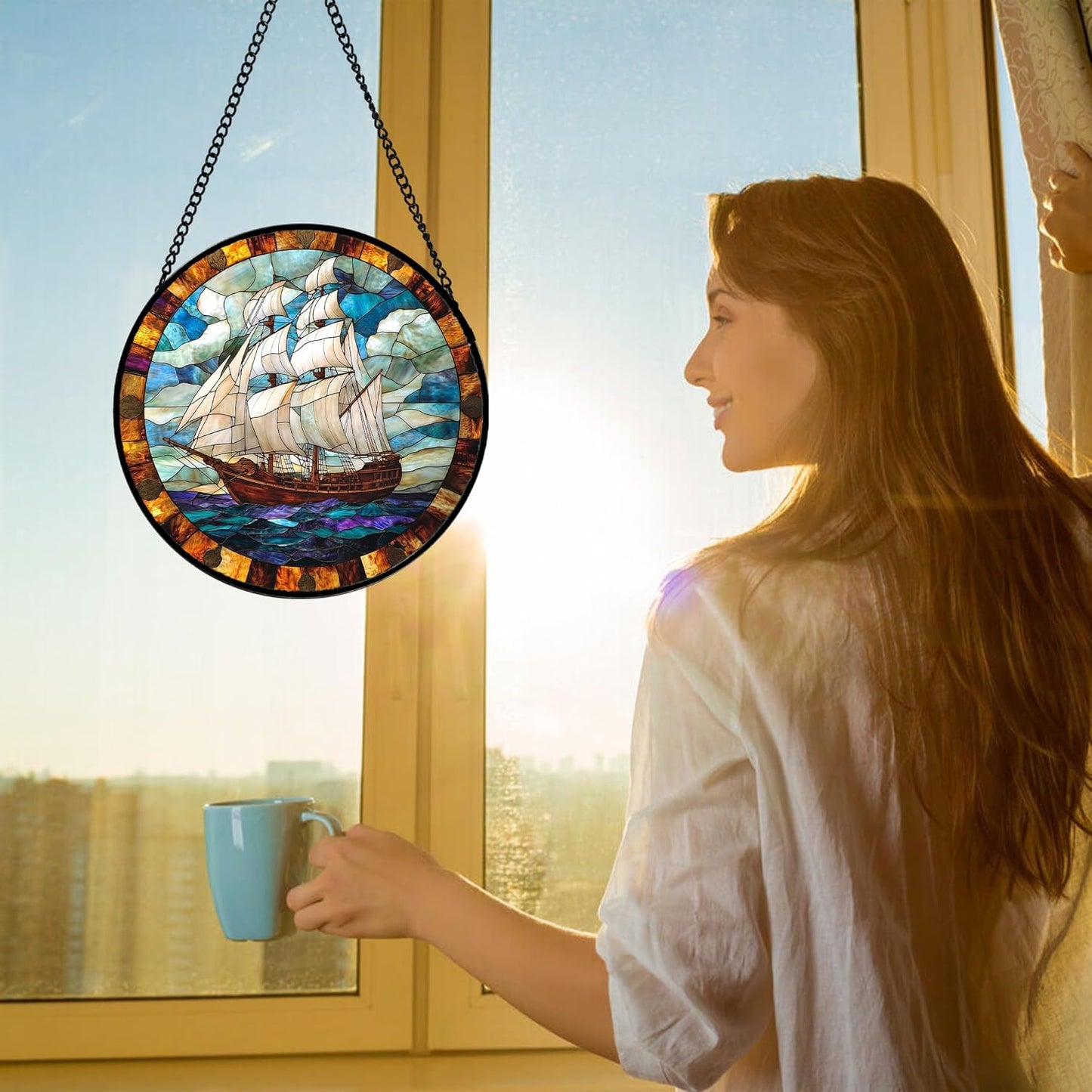 Stained Glass Window Hanging, Sailing Ocean Sun Catchers Glass Panel Navigation Suncatcher Decor for Birthday for Women, Men, Wife, Aunt, and Mom 6.3 in