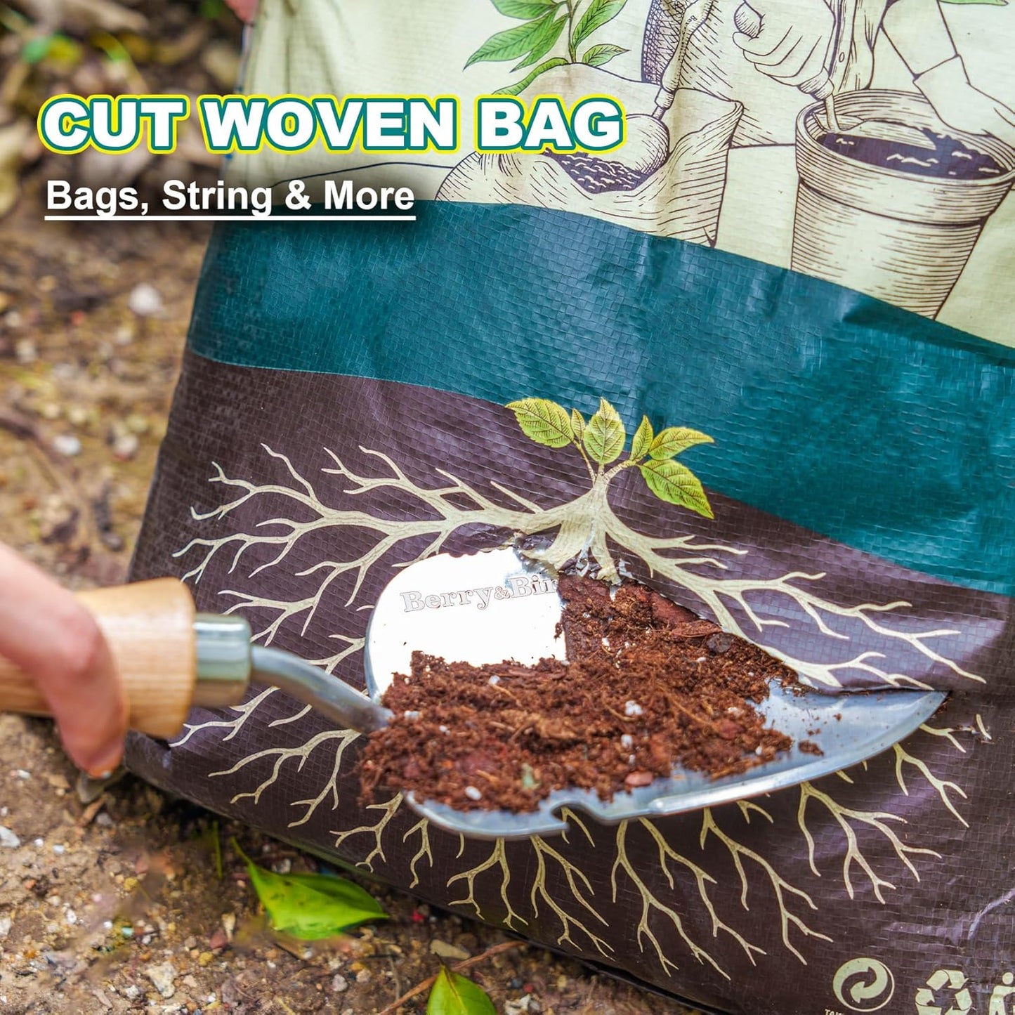 Berry&Bird Weeding Trowel, Multi- Use Hand Shovel with Serrated Blade Stainless Steel Garden Trowel Plus Size Potting Trowel with Wooden Handle for Transplanting, Digging, Measuring, Cutting Roots