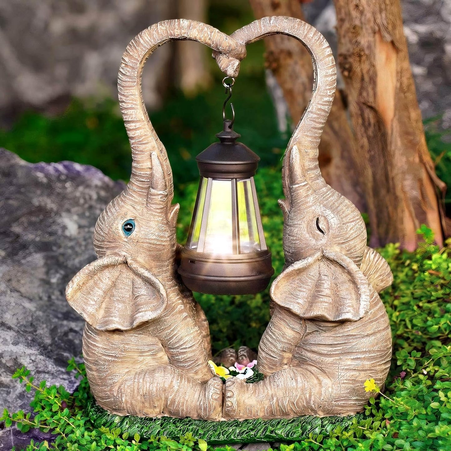 Elephant Statue Garden Decor with LED Solar Lights-Set of 2 Good Luck Elephant Outdoor Statue Christmas Decorations for Yard Patio,Porch,Home -Mothers Day Gifts for Women, Mom, Grandma
