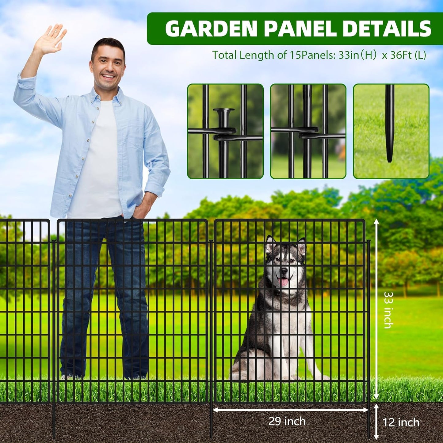 15 Panels Dog Fence Outdoor for Yard, 33 in(H) X 36 ft(L) Decorative Garden Fence Rustproof No Dig Animal Barrier Fencing Metal Wire Panel Border Patio Rabbits Ground Stakes Fencing