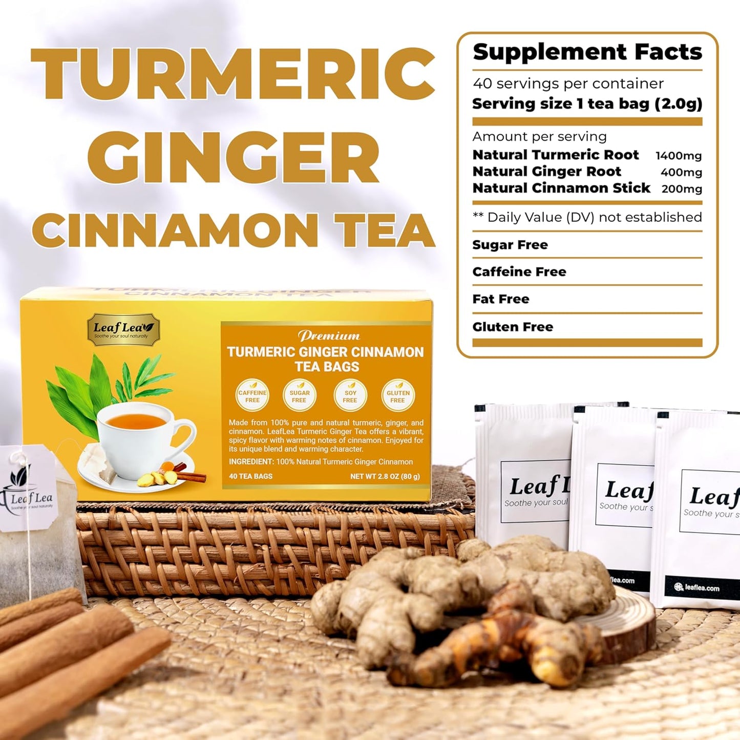LeafLea Turmeric Tea with Ginger and Cinnamon, 80 Premium Turmeric Ginger Tea Bags, Supports Immune Health & Digestion, 100% Natural & Pure Blend Herbal Tea, Caffeine-Free, No Sugar, Vegan