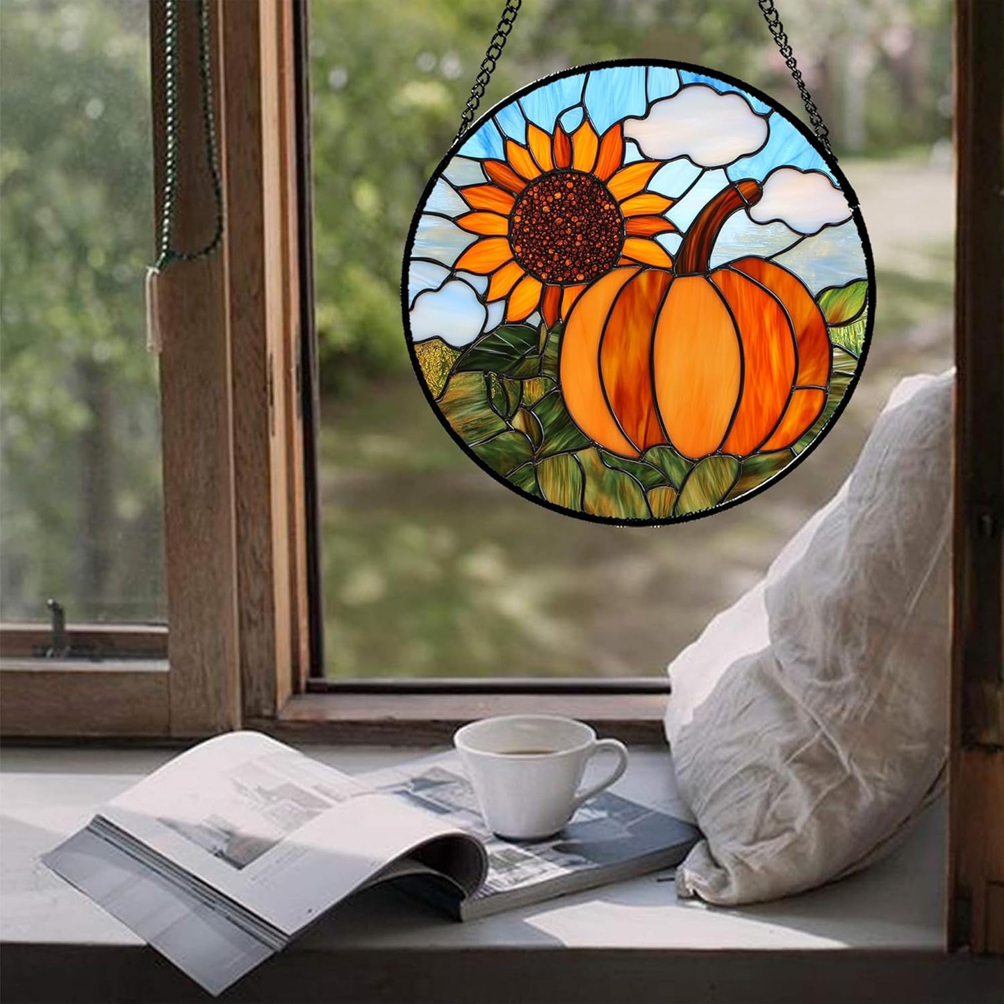 Stained Glass Window Hanging Fall Farm Scenery Sunflower Pumpkin 9.8" - Suncatcher Door Garden Kitchen Sunroom Sun Catcher Home Decor Birthday for Mom Grandma Men Woman