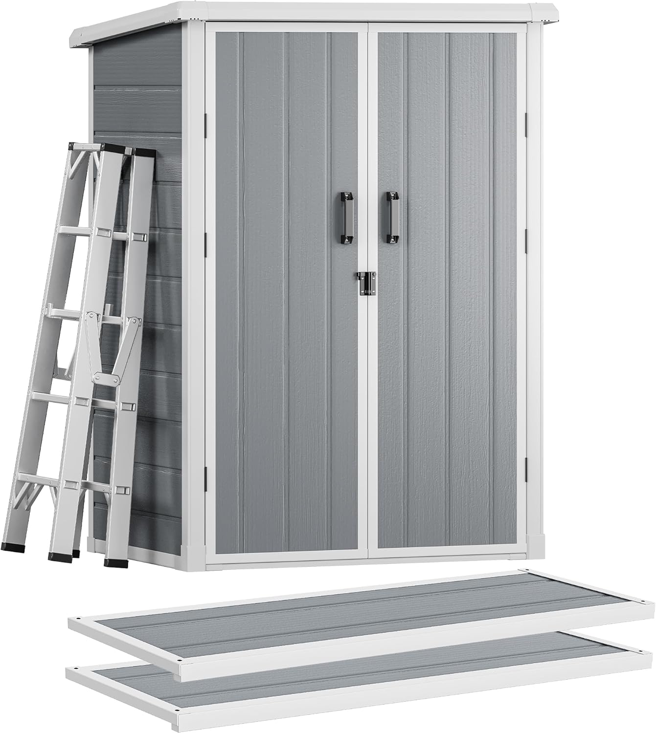 DWVO Outdoor Vertical Storage Shed with 2 Shelves, 60 Cu Ft Waterproof Resin Garden Shed with Floor & Lockable Door, Plastic Tall Tool Cabinet for Garbage Cans, Lawn Equipment, Garden Supplies (Gray)
