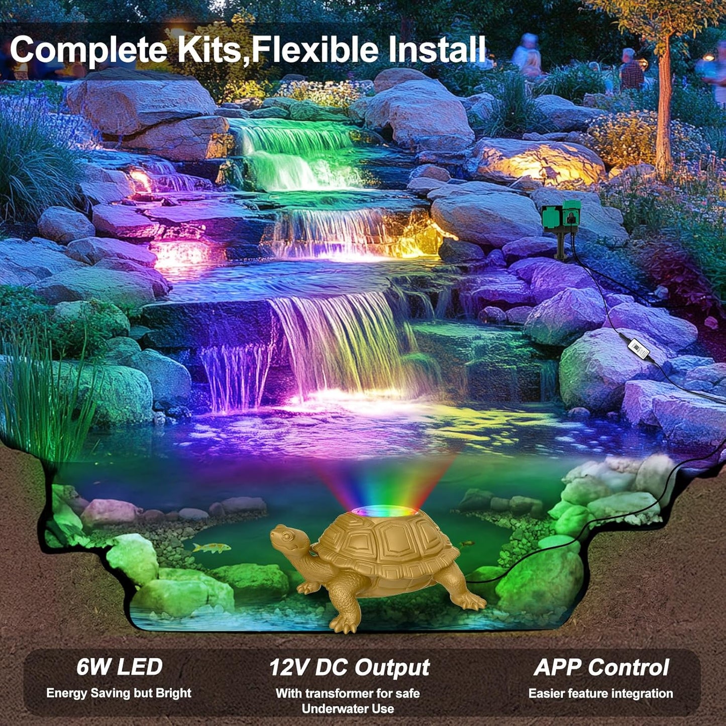 Underwater LED Pond Light with 12V Transformer, 6W Turtle Fountain Light LED Underwater with APP, IP68 Waterproof Underwater Lights for Pond Fountain Waterfall Yard Water Feature, 1 SpotLights