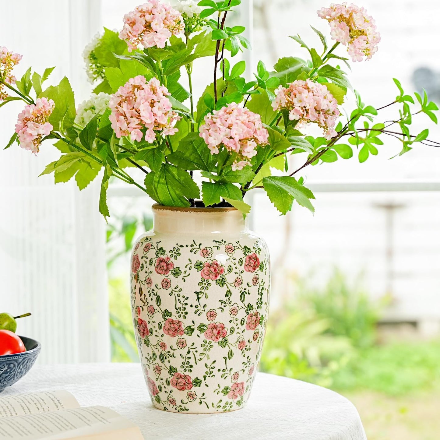 Sungmor Ceramic Flower Vase, Vintage Ice Cracked Glaze Porcelain Vase, Pretty Home Decor Vase for Flower Arrangement, Fresh Flowers, 10.2 Inch Tall Chinoiserie Pottery Vase, Pink Floral Pattern