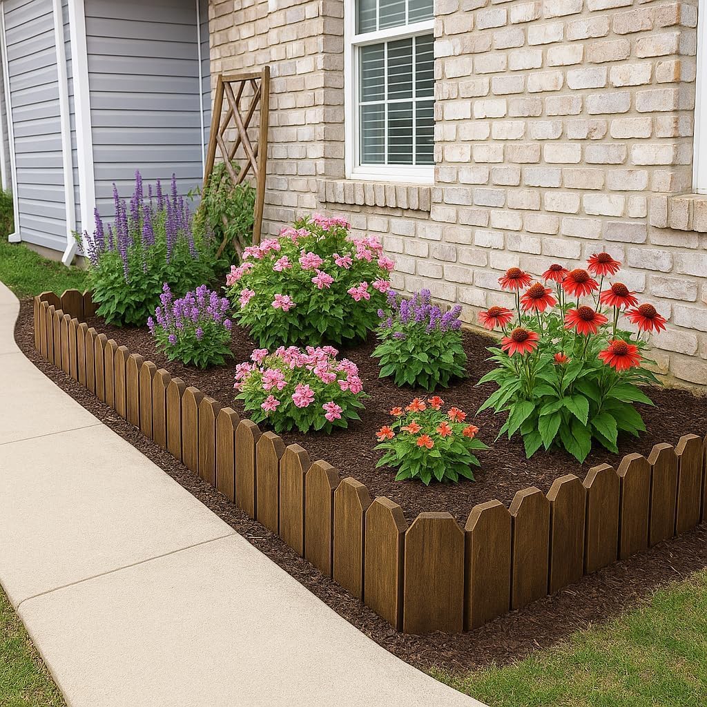 Wood Fence Border for Garden Beds – 9.8" H x 47" L Wooden Landscape Edging Panels, Rustic Decorative Outdoor Divider for Lawn, Path, and Yard Design (3-Pack, Covers 11.75 Ft)