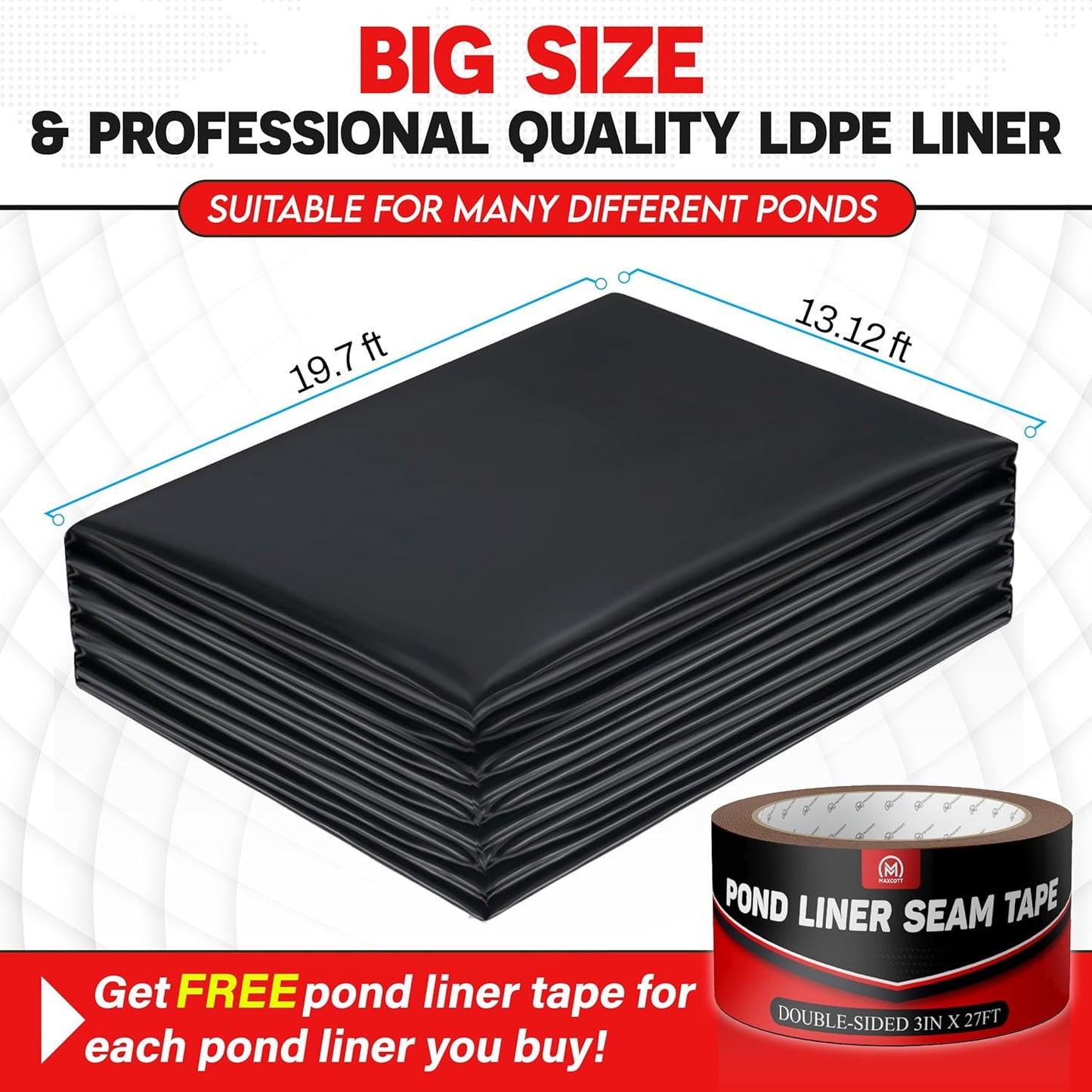 [Premium] 45 Mil LDPE Pond Liner with Seam Tape, 13.1 * 19.7FT Pond Lining for Fish Pond, Performed Garden Ponds, Large Pond Liner for Fishpond, Koi Pond, Waterfall, Streams