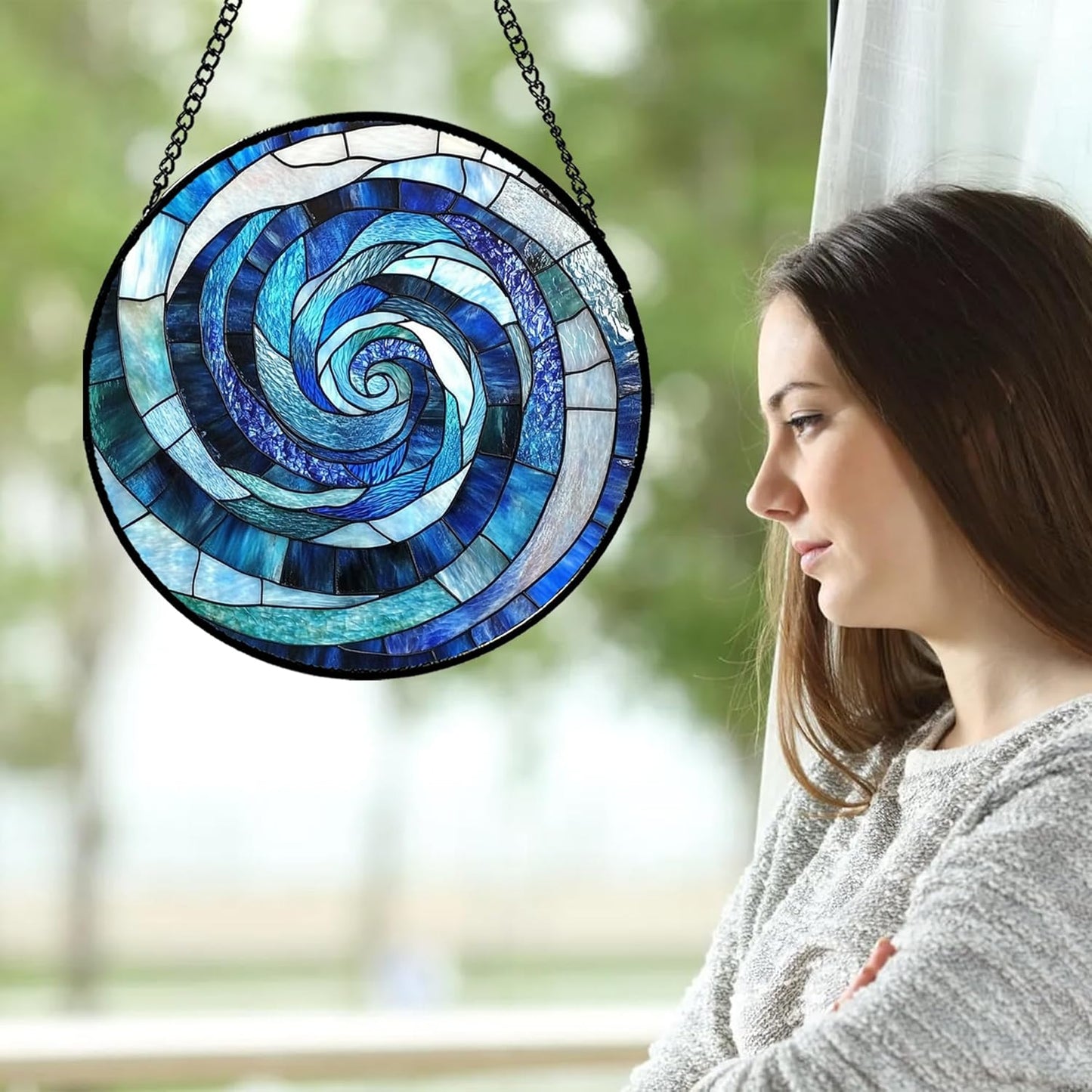 Stained Glass Window Hanging - Blue Abstract Swirl Suncatcher for Doors Garden Patio Unique Sun Catchers Decor Christmas Mother's Day Birthday Gifts for Women Men Mom Nana Friend 15 in