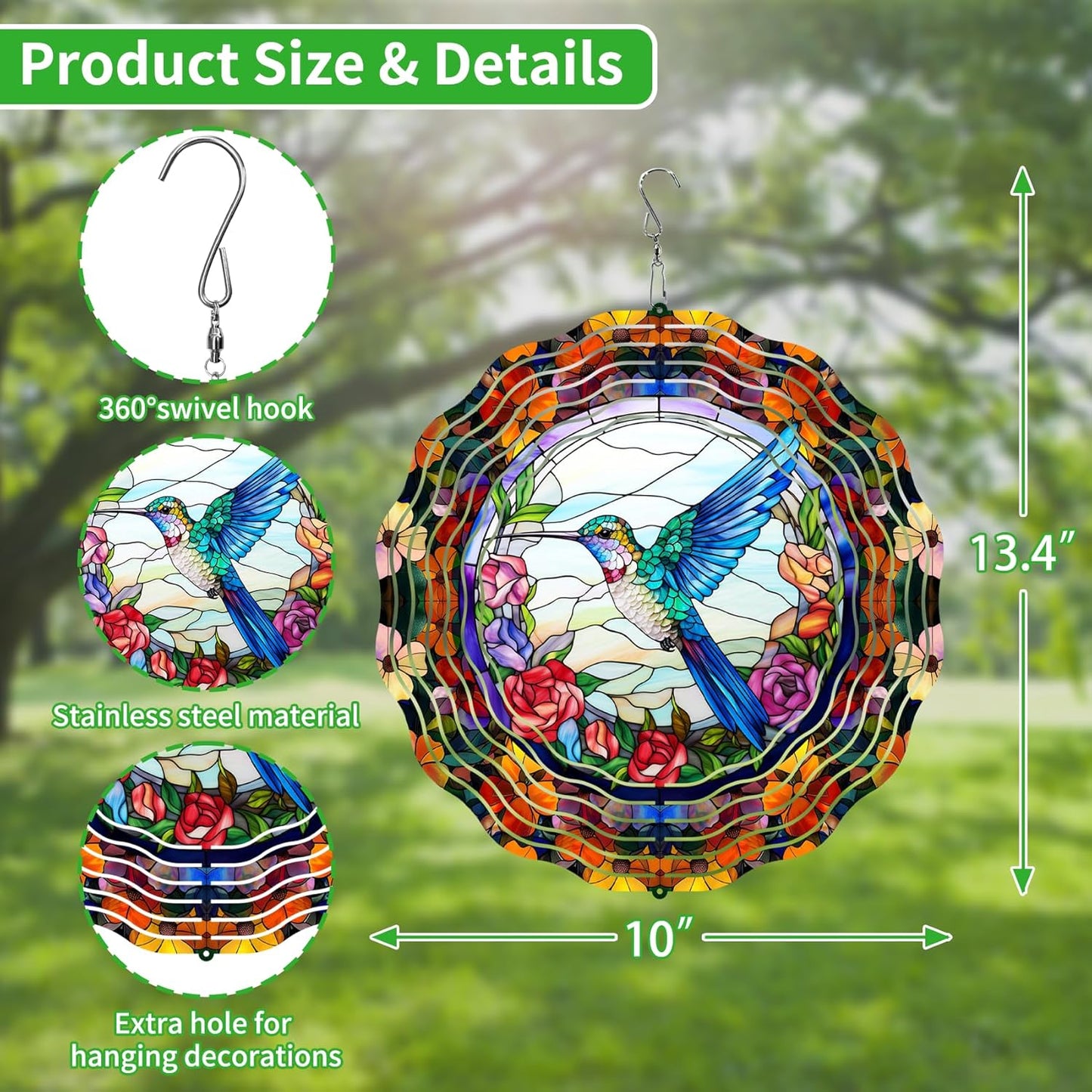 3D Hanging Wind Spinner Butterfly/Hummingbird, 10 Inch Stainless Steel Wind Spinners Outdoor Clearance, Garden Spinner for Outside Patio Yard Home Christmas Decor (Hummingbird)