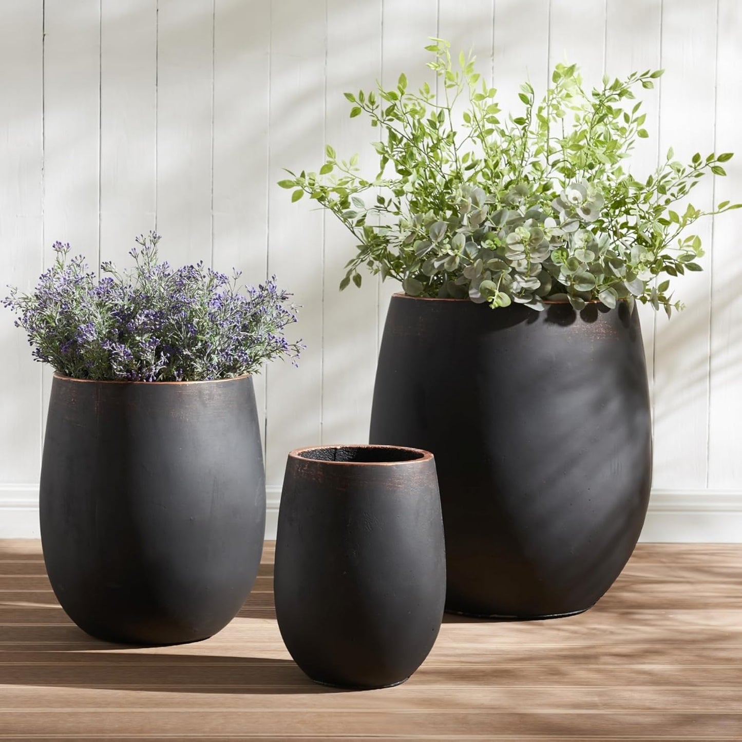 17.7"+13.3"+9.5" Dia Round Concrete Planter Set of 3, Large Outdoor Planter, Black with Gold Rim, Flower Pots with Drainage Holes for Garden, Patio, Home, Office