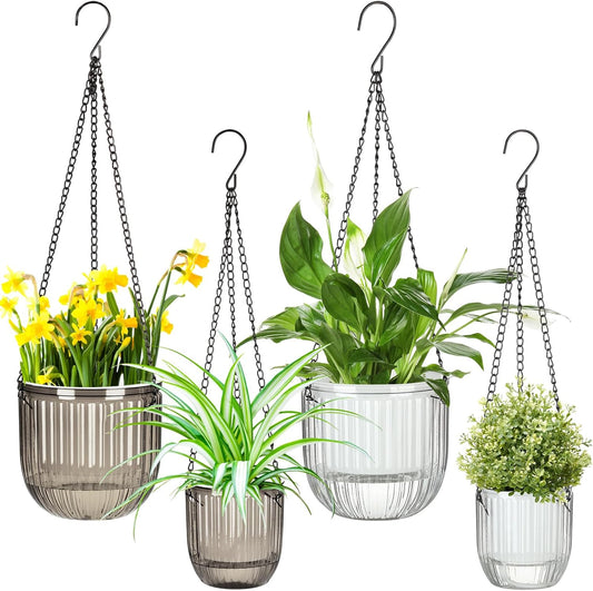 Maxcheck 4 Pcs Self Watering Hanging Planters Indoor Gift 6.5'' 4.5'' Hanging Flower Pots Baskets Outdoor Self Watering Plant with 3hooks Drainage Holes for Home(Grey,Clear)