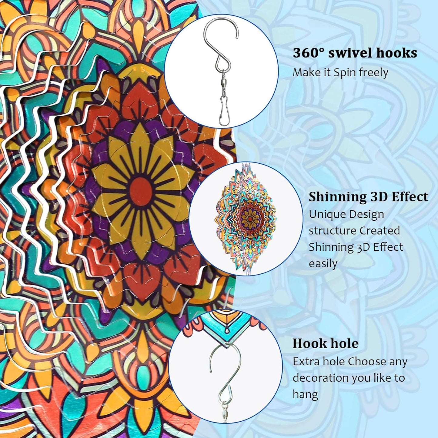 Mandala Daisy Wind Spinner - 12In 3D Kinetic Metal Wind Spinners, Stainless Steel Laser Cut Hanging Wind Sculpture, Indoor/Outdoor Garden & Yard Art Decor Gifts for Women, Men & Holidays