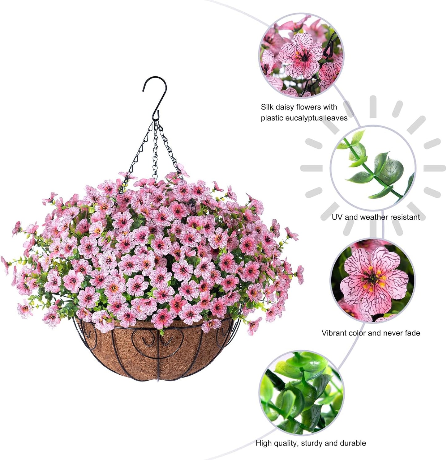 Artificial Fake Hanging Plants Flowers with Basket Outdoor Spring Decor, Faux Silk Pink Daisy in Pot Planter Realistic UV Resistant for Porch Home Indoor Patio Balcony Garden Yard