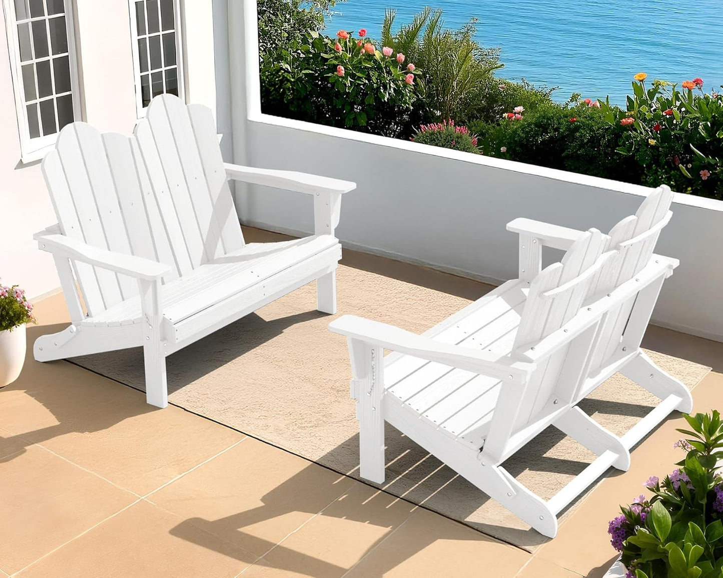 SERWALL Folding Adirondack Bench Set of 2, HDPE All-Weather Adirondack Loveseat, Folding Outdoor Bench, Whire