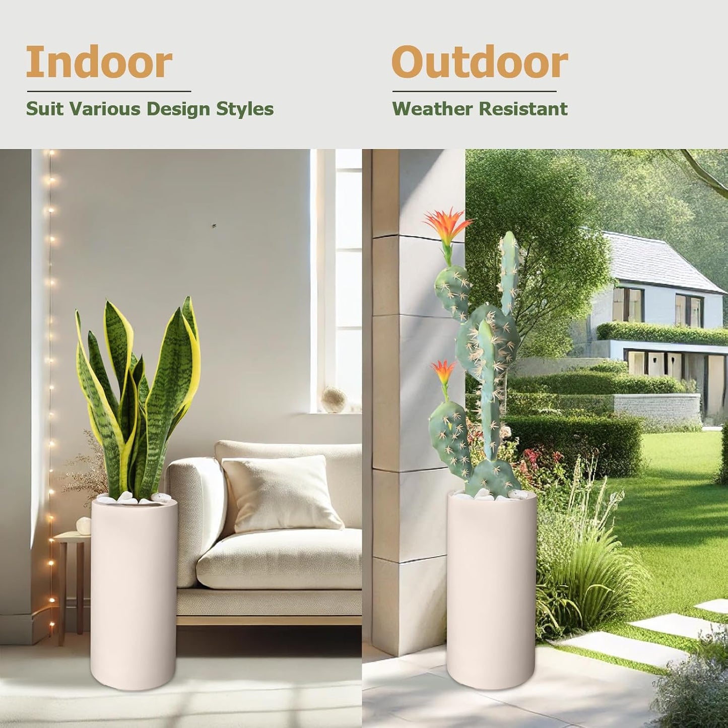 19.5" H x 9.8" D Tubo Fiberstone Cylinder Tall Planter with Drainage Hole, Smooth Finishes, for Indoor and Outdoor Use, Included 2 Extra Coco Mats (Kilim Beige, 8.2" Pot Opening)