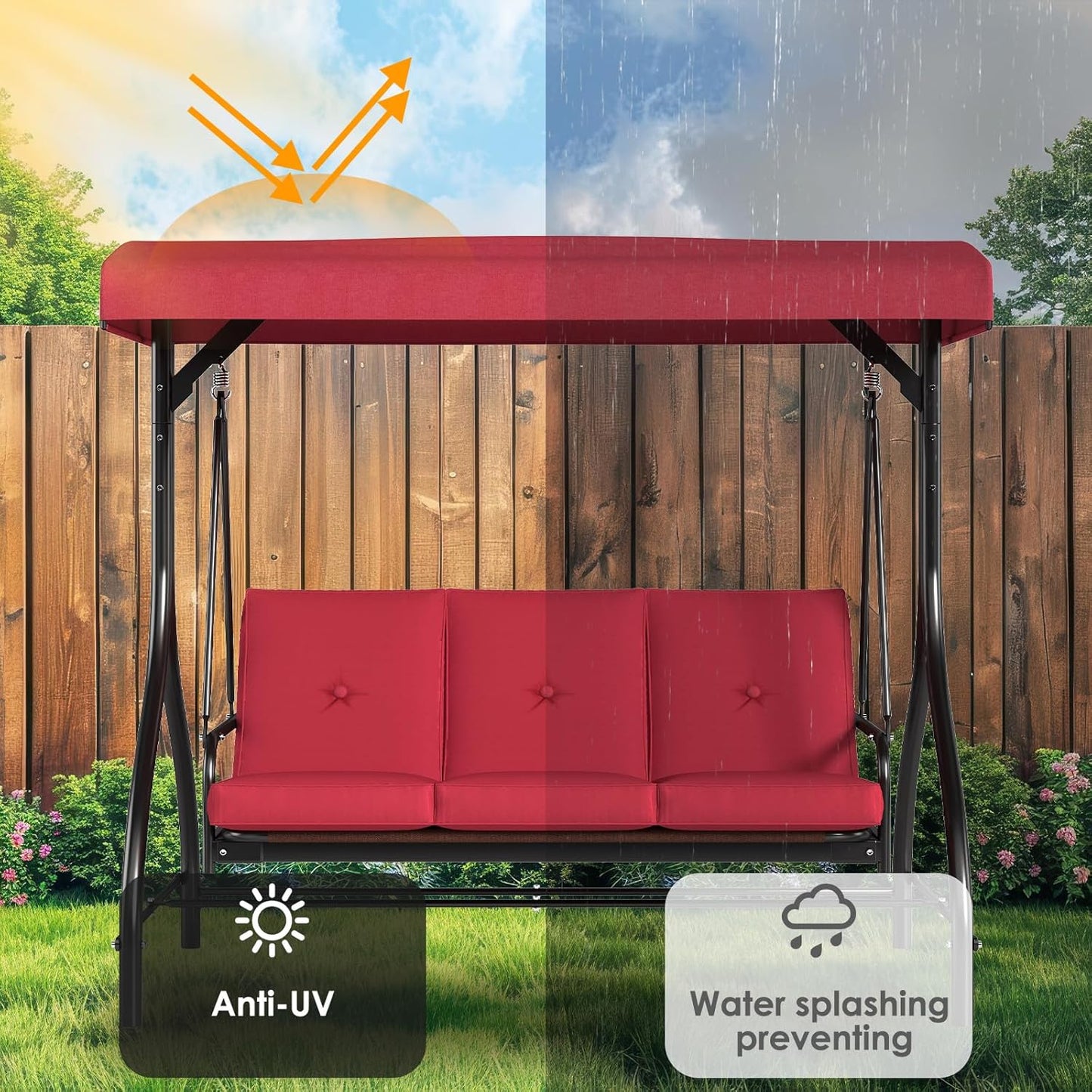 TLSUNNY 3-Seat Outdoor Patio Porch Swing with Adjustable Canopy & Backrest, Convertible Glider Bed with Stand, Removable Seat Cushion, 45° Tilt Adjustment for Backyard, Poolside, Balcony - 750LBS