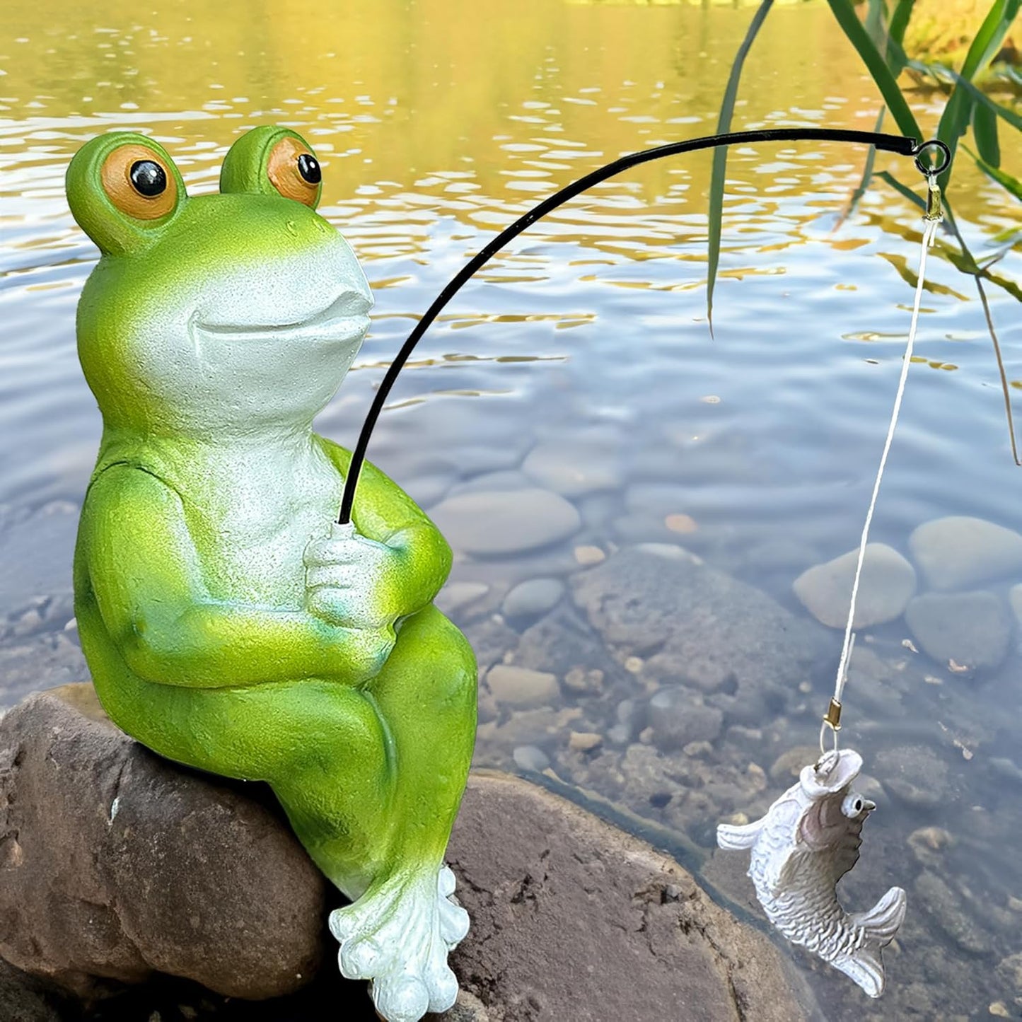 9.5" Fishing Frog Statue, Whimsical Lawn Yard Art, Funny Garden Pond Fisherman Sculpture, Resin Animal Decorative Figurine, Ideal for Frog Lovers