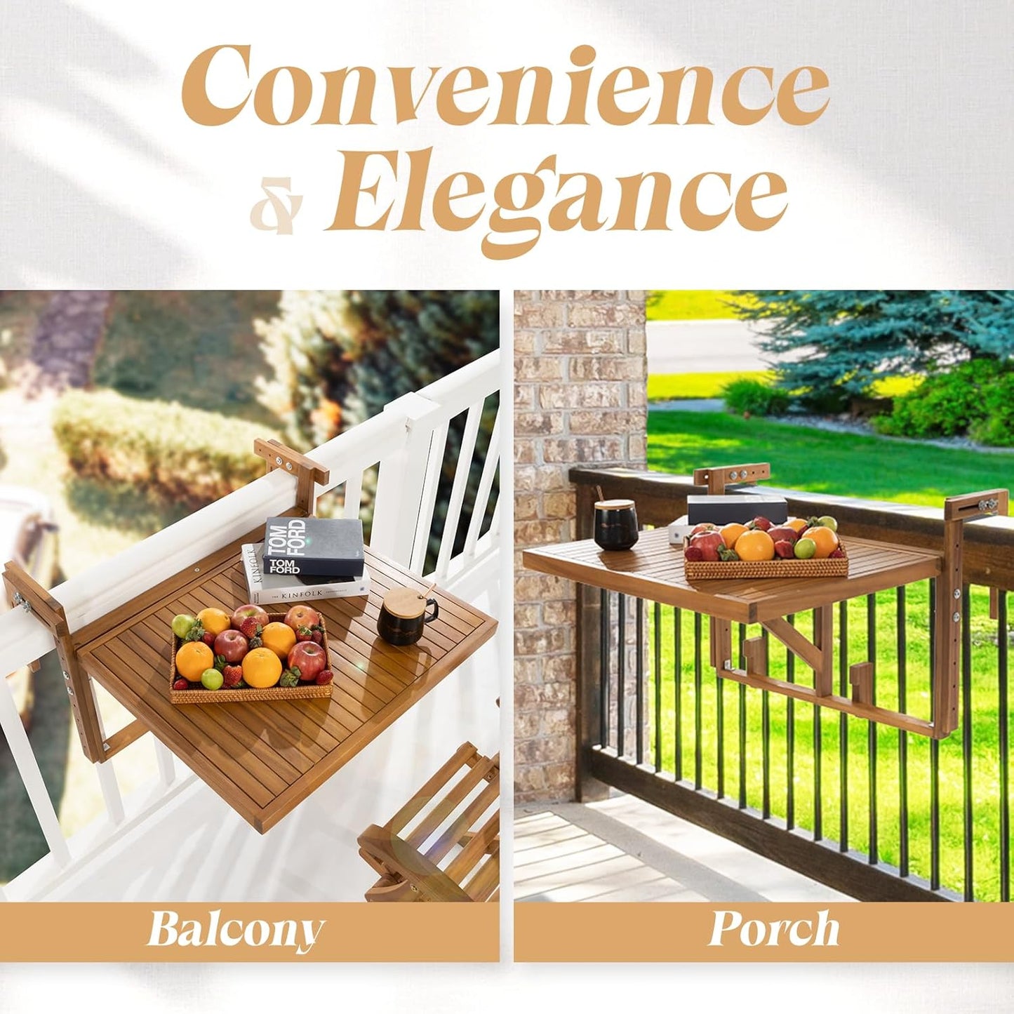 Idzo FSC Acacia Wood Folding Balcony Bar Table for Railings, Adjustable Height & Width, Teak Brush Finish Durable Against Weather, Ideal Spacious Dimension of 27 9/16 x 21 5/8 Inch, Rectangular Design