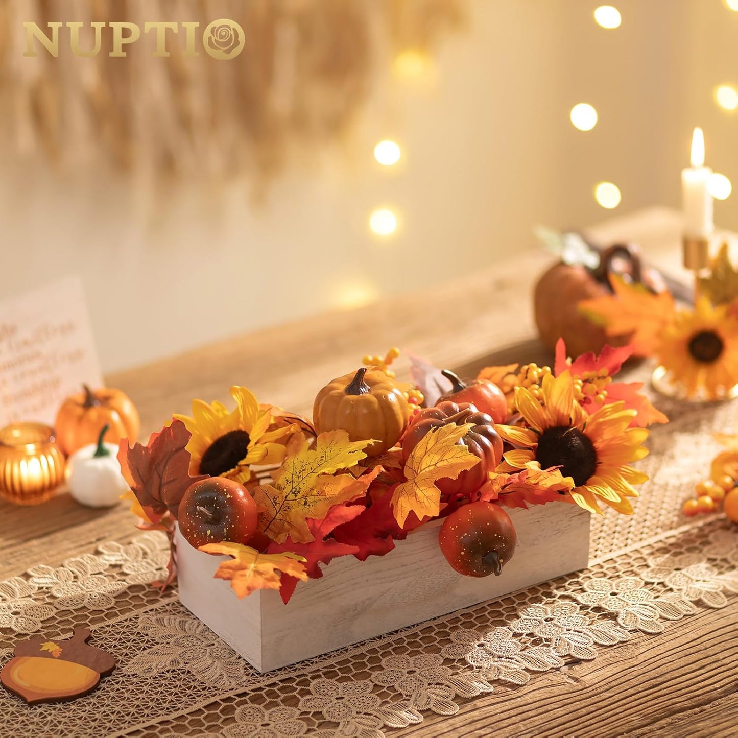 NUPTIO Wooden Box Centerpiece for Table: 2 Pcs 11.8" Long Wood Rectangle Planter Boxes - Farmhouse Washed White Planters for Fall Wedding Dining Living Room Window Mantel Table Decor