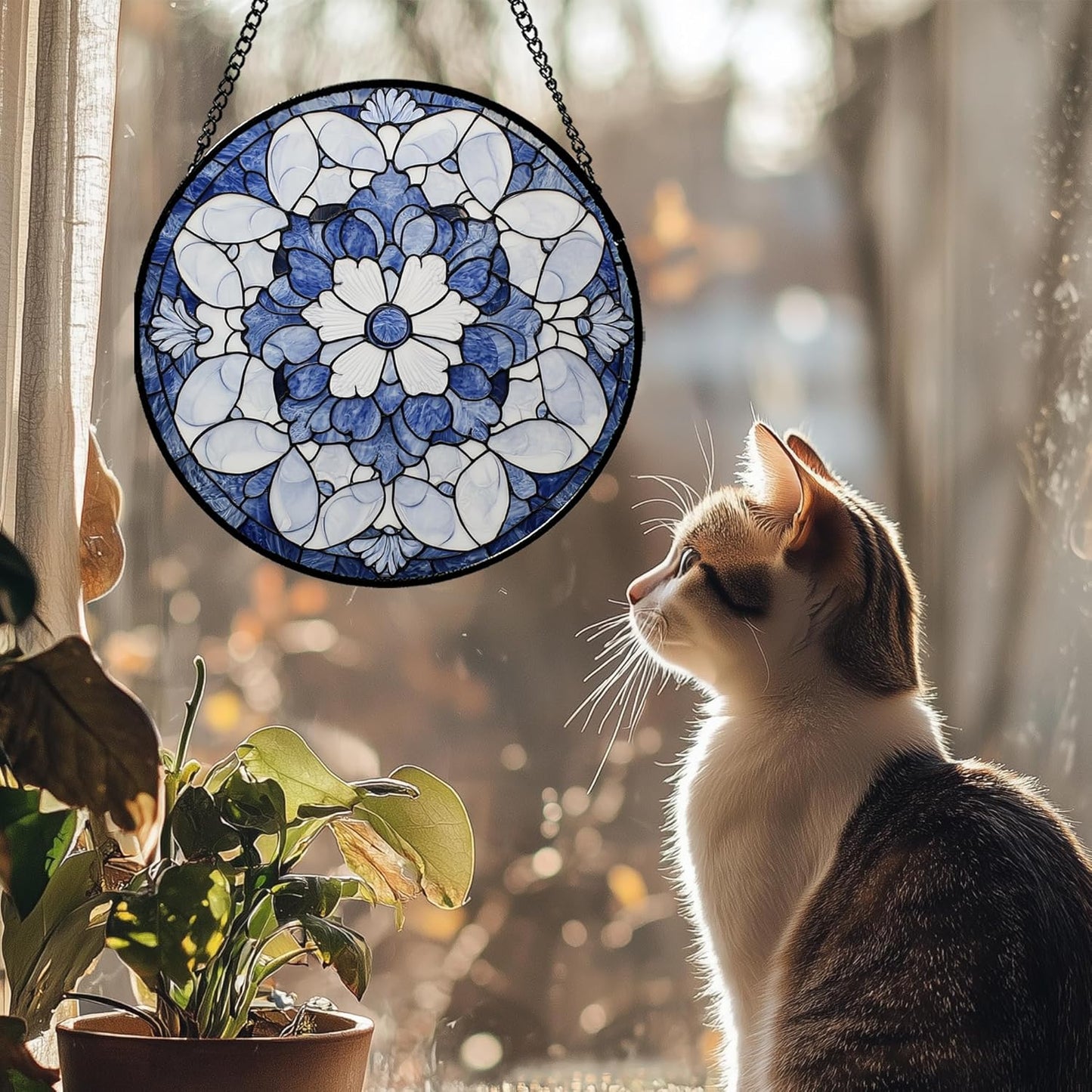 Stained Glass Window Hanging - Blue White Floral Pattern Suncatcher for Doors Garden Retro Sun Catchers Decor Christmas Mother's Day Birthday Gifts for Women Men Mom Nana Friend Girl 7.8 in