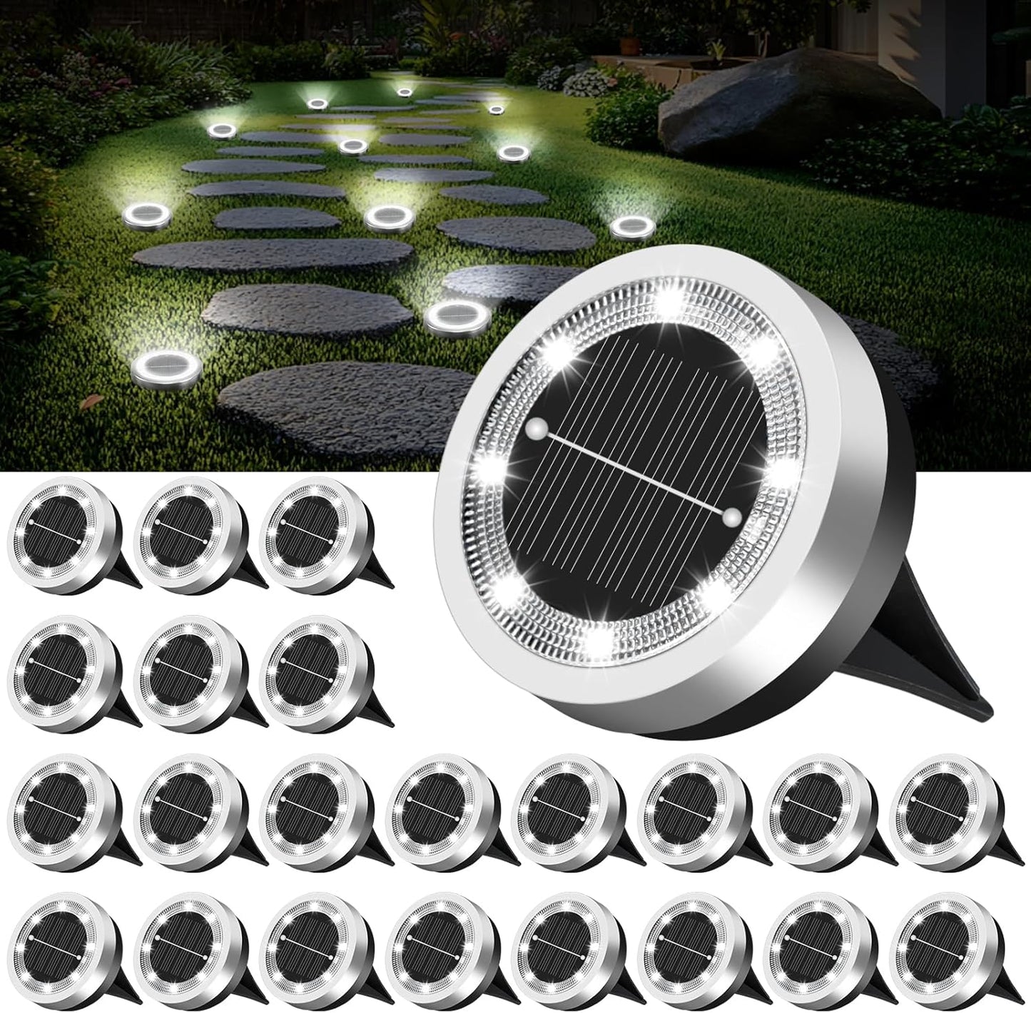 Mini Solar Ground Lights Outdoor 24 Pack Waterproof Upgraded Anti-Rust Solar Flat Garden Lights Stainless Steel Solor Powered Disc Landscape Light for Pathway Walkway Yard Lawn Patio-Cool White