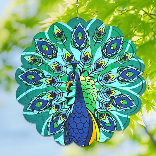 Wind Spinners Outdoor Peacock Art 12 inch 3D Stainless Steel Laser Cut Metal Art Geometric Pattern Wind Sculpture Hanging for Yard Garden Decorations Gifts Outdoor
