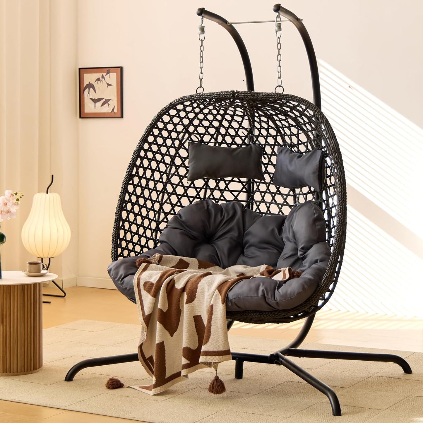 Double Hanging Swing Egg Chair with Stand, Hexagon Wicker Hammock Swing Chair for Outdoor Garden Patio, 2 Person Egg Chair with Foldable Loveseat Removable Cushions (Dark Grey)