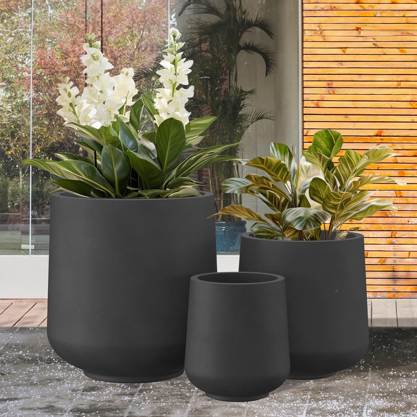 Kante 15.3"+11.6"+8.2" Dia Round Concrete Planter, Large Outdoor Indoor Planter Pots with Drainage Holes and Rubber Plug for Home Garden Patio, Black