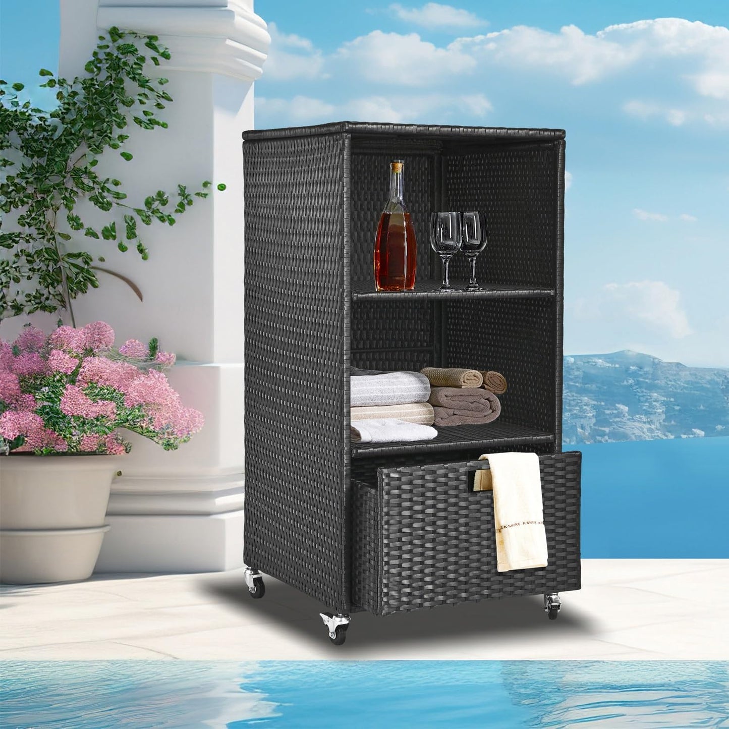 Outdoor Towel Rack for Pool Outdoor Pool Towel Storage Cabinet with Shelf & Drawer Pool Towel Holder with Rolling Wheels Hot Tub Towel Rack w/Waterproof Cover Poolside Towel Valet Caddy for Spa Black