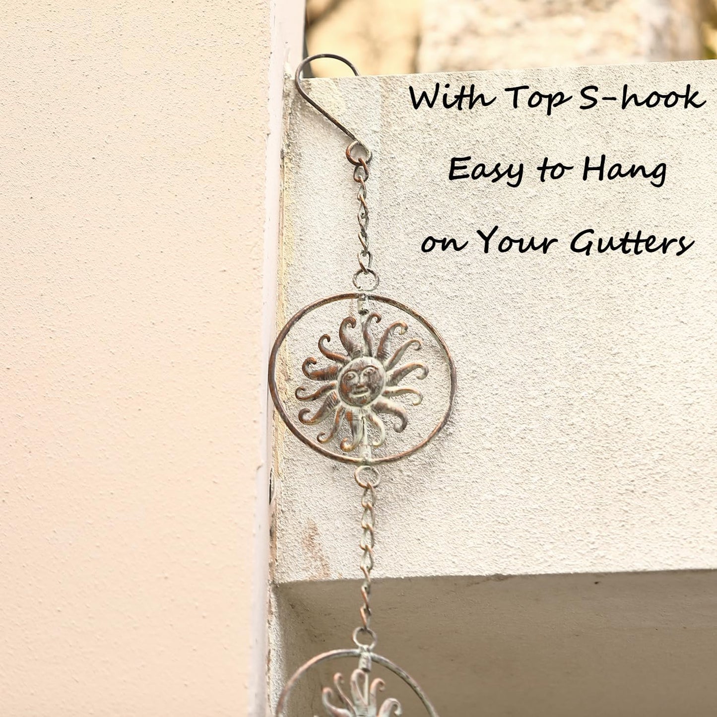 Sun Face Rain Chains, 8.5 Feet Length, Rain Gutter Chains, Functional and Decorative Replacement for Gutter Downspouts, Metal Loop Rain Catcher Chain, Rain Chains for Outside Garden Balcony Porch