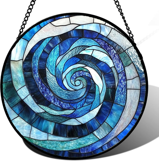 Stained Glass Window Hanging - Blue Abstract Swirl Suncatcher for Doors Garden Patio Unique Sun Catchers Decor Christmas Mother's Day Birthday Gifts for Women Men Mom Nana Friend 6.3 in