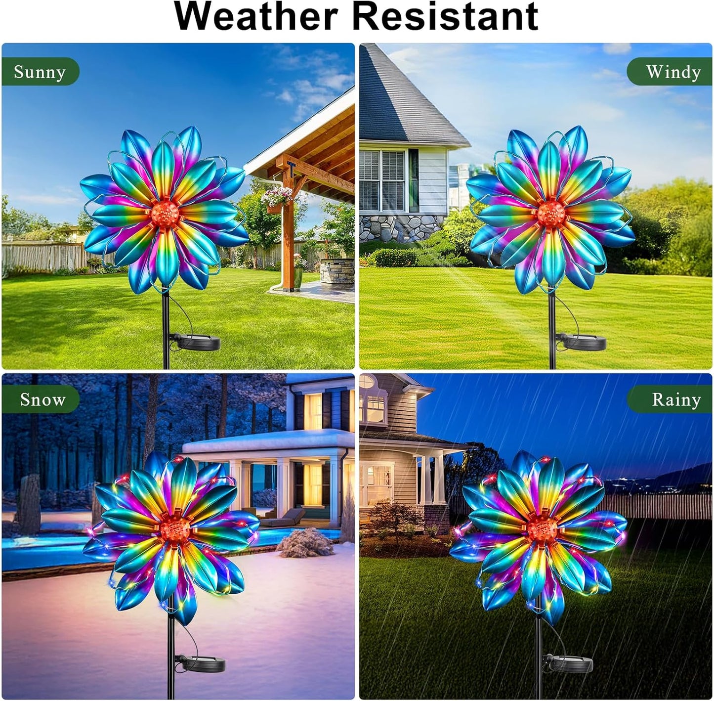 Flower Solar Wind Spinners- Metal Colorful Spinning Windmill Garden Ligths with LED Outdoor Decorative Stake Lighting Waterproof Flower Sculpture for Patio Yard