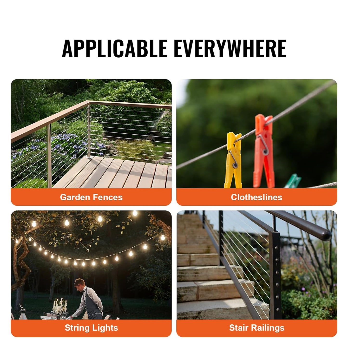 VEVOR 1/8 Stainless Steel Cable, 1/8 Wire Rope, 100 FT 316 Cable Wire 20 Sleeves & 10 Thimbles, 1600 lbs Breaking Strength, 7x7 Strands Marine Aircraft Grade for Handrail Stair Decking Fence Outdoors