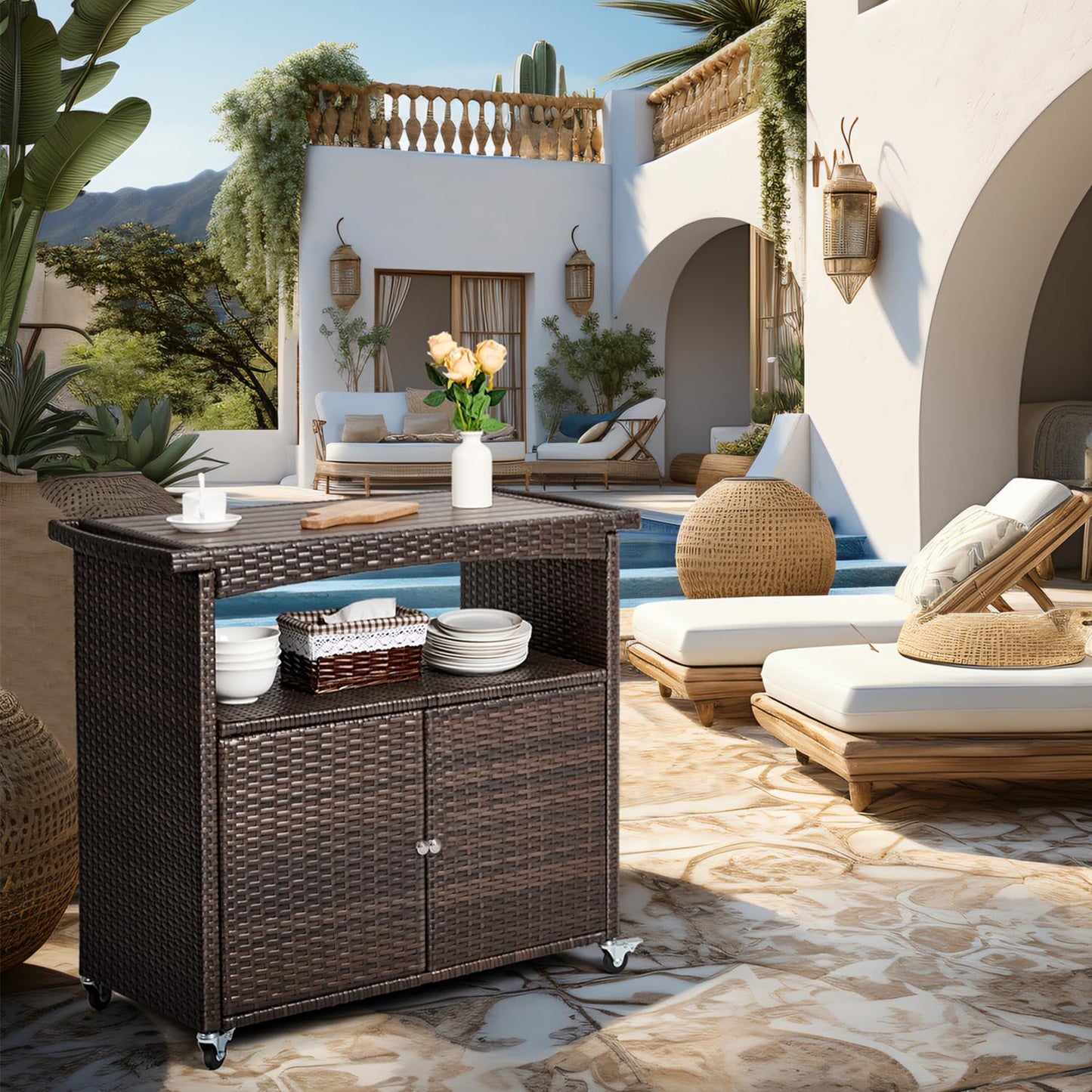Outdoor Storage Cabinet,Outdoor Cabinet for Patio Bar Cart with Rolling Wheels Patio Bar Table with Storage Wicker Buffet Cabinets prep Table Kitchen Serving Cart with Door,Shelves,Handle Brown