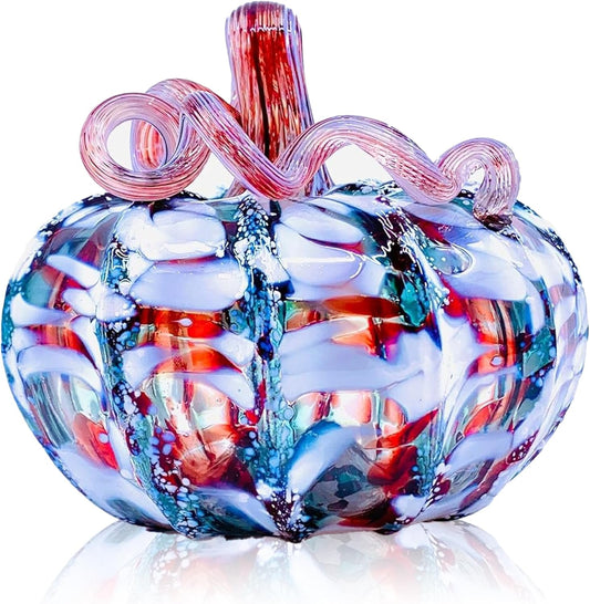 Luke Adams Glass Handmade Glass Pumpkins Handmade Table Top Home Decor (Squat, Winter Frost)