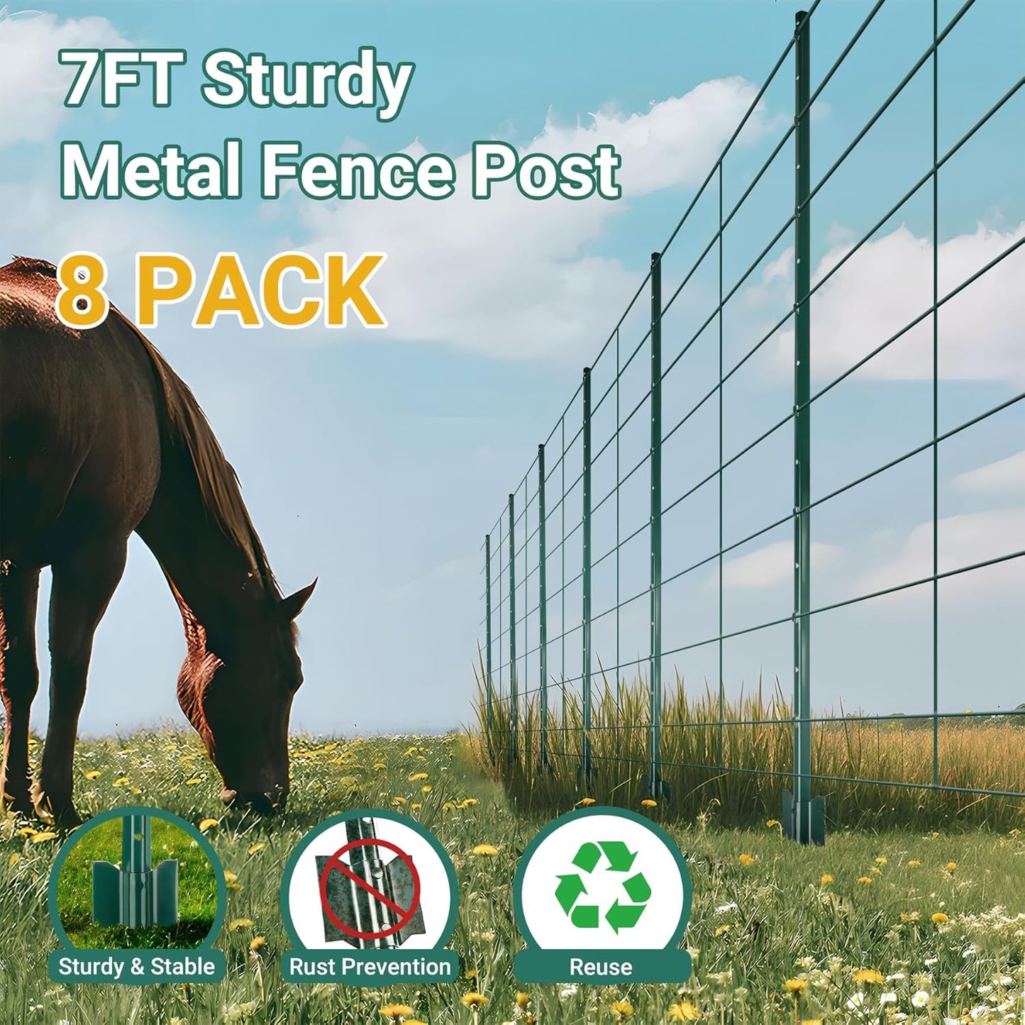 Fence Posts 7 Ft - 16 Pack, Requires Manual Assembly, Heavy Duty Metal Fence Post, No Dig U Post for Farm, Garden, Orchard and Outdoor Wire Fencing (Green)
