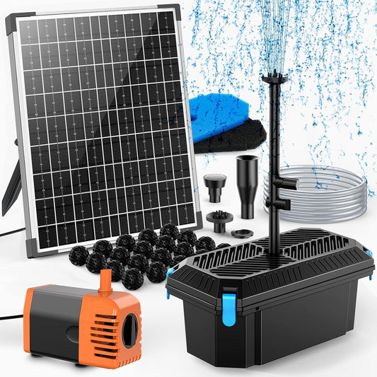 POPOSOAP 30W Solar Pond Filter with Fountain Pump, Pond Filters for Outdoor Ponds with 430GPH Pond Pump & 4 Fountain Heads and 6.5Ft PVC Tubing for Garden Water Features Waterfall Koi Pond