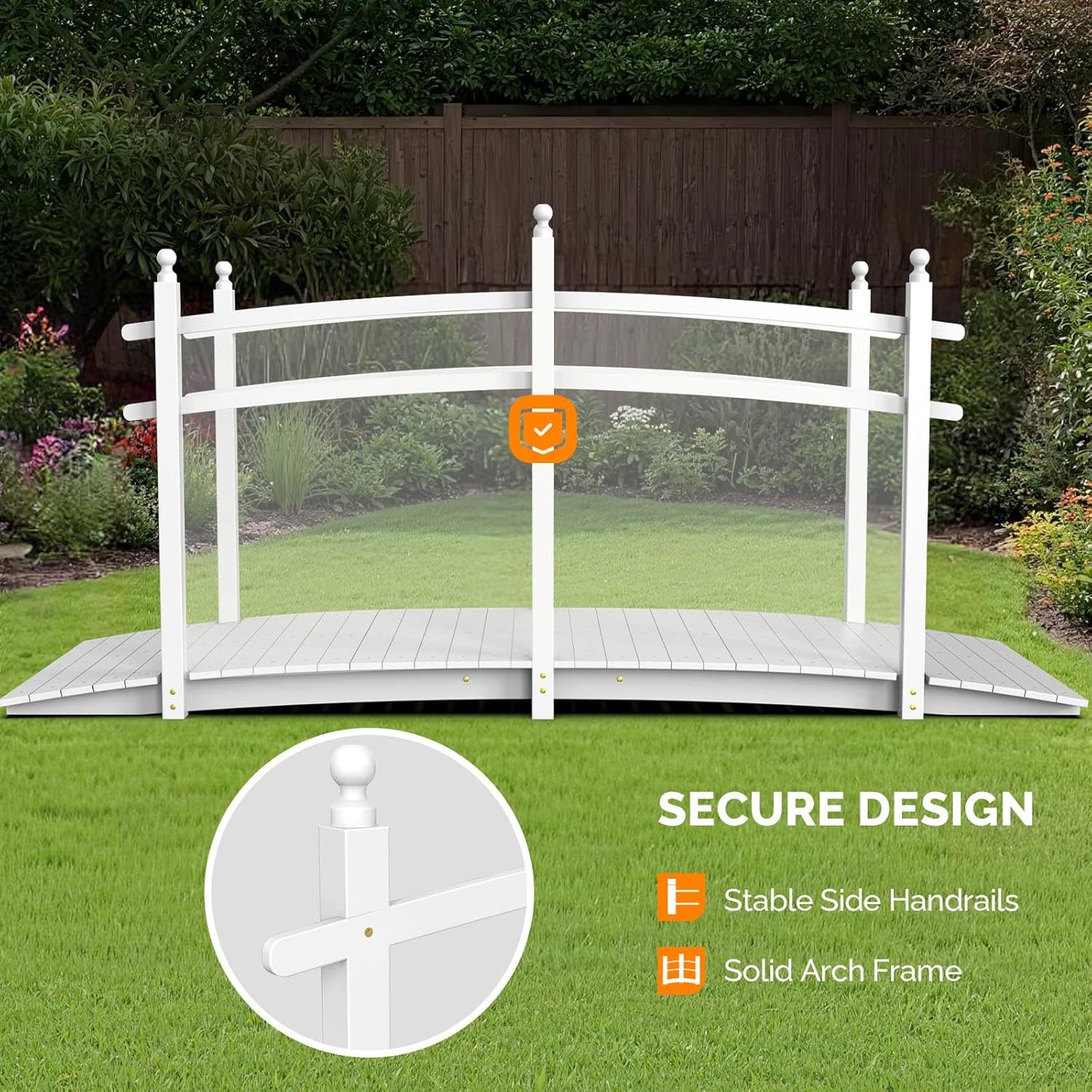 VINGLI Garden Bridge, Classic Wooden Arch with Safety Rails Footbridge (White, 7.5 ft)