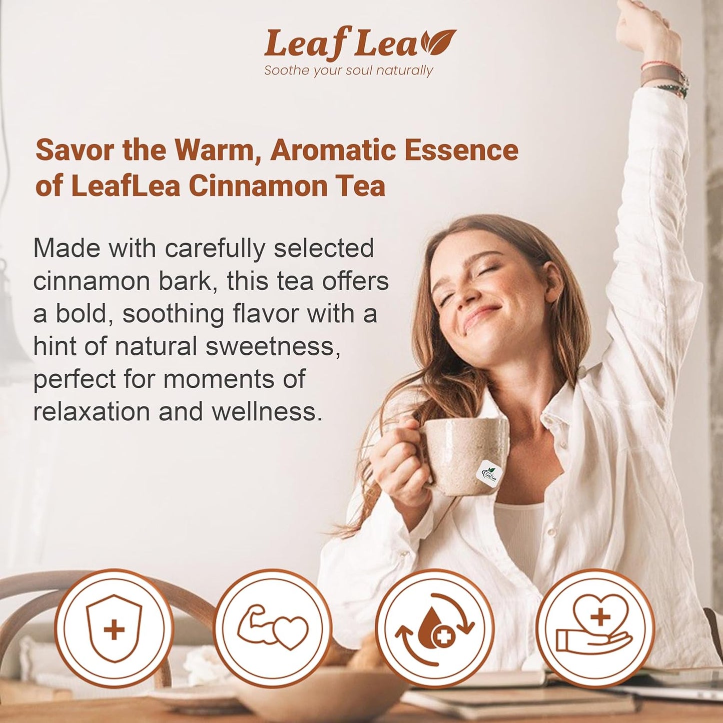LeafLea 120 Cinnamon Tea Bags, Premium Herbal Tea with Ground Cinnamon Sticks, Spiced and Soothing Flavor for Relaxation, Caffeine-Free, Sugar-Free, Non-GMO, Vegan