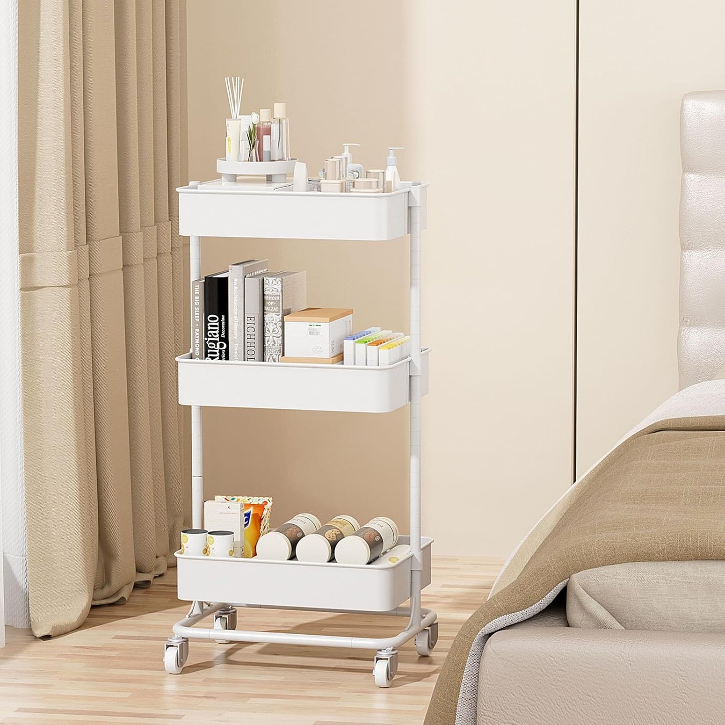 3 Tier Modern Metal Rolling Tool Cart with Silent Casters, 17.72×12.40×35.04 inch Heavy Duty Organization Truck Trolley Organizer for Office, Living Room, Kitchen, (White)