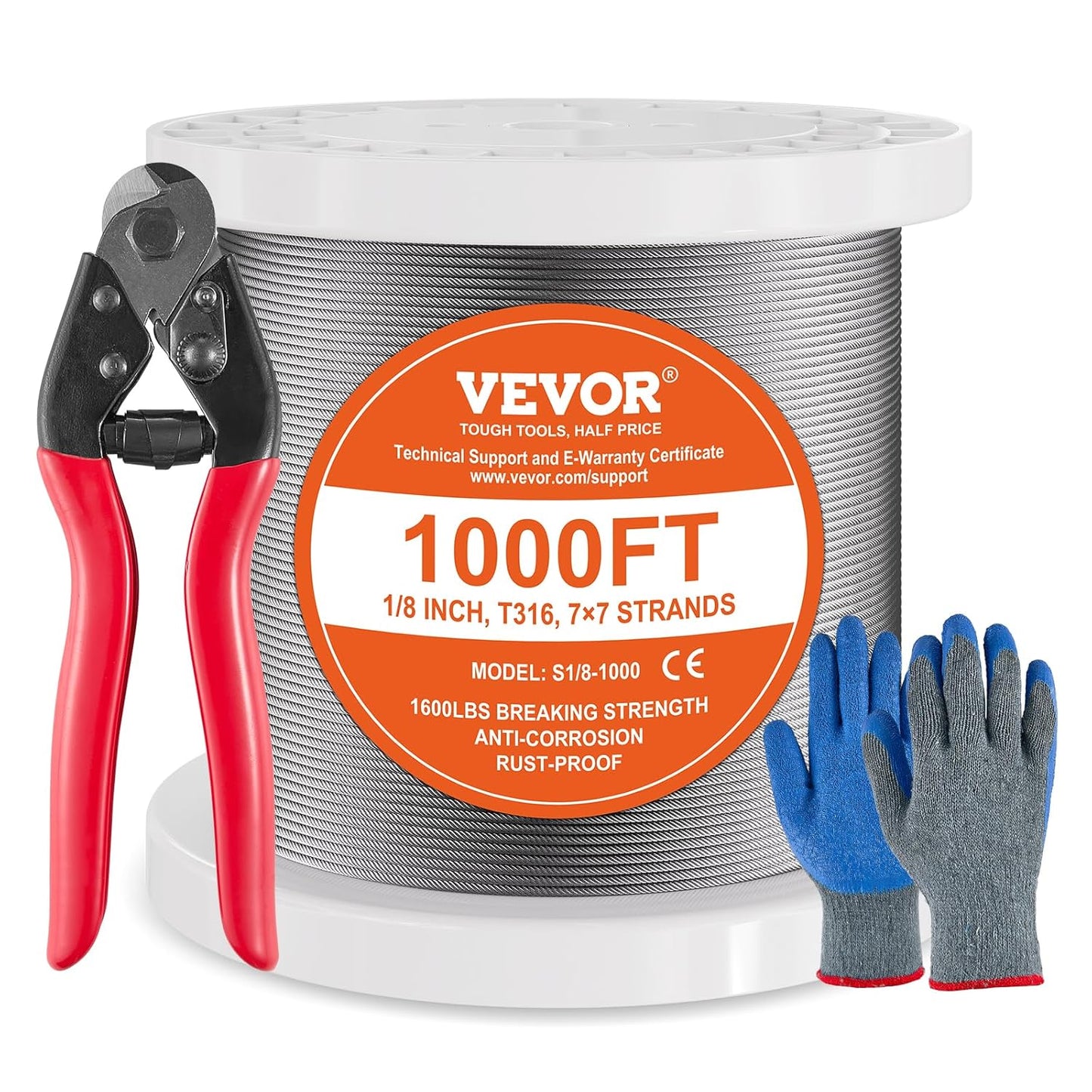 VEVOR 1/8 Stainless Steel Cable, 1000 FT 316 Cable Railing Kit with Cutter and Gloves, 1600 lbs Breaking Strength, 7x7 Strands Marine Aircraft Cable for Handrail Stair Decking Fence Outdoors