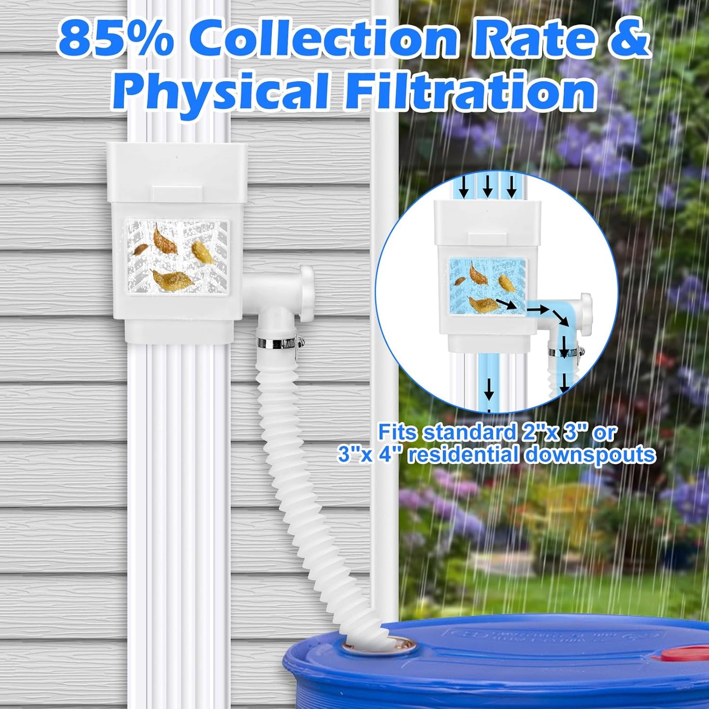 WADEO Rainwater Collection System, Downspout Diverter Fits for 2"x 3" or 3"x 4" Residential Downspouts, Rain Barrel Diverter Kit with Adjustable Valve and Filter, 5FT Hose, White