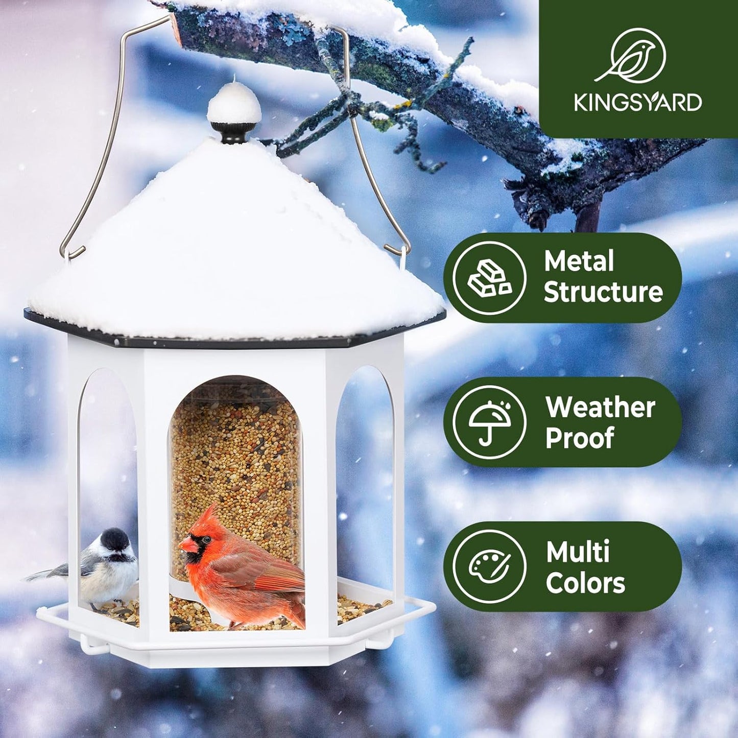 Kingsyard Metal Bird Feeder for Outdoors Hanging, 3 lbs Seed Feeder, Wild Bird Feeders for Garden Cardinal Finch Bluebird, Easy to Fill & Clean, White