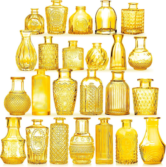 Light Yellow Glass Bud Vases Set, 24 Pcs Vintage Small Vases for Flowers, Crystal Mini Glasses in Bulk, Small Flower Design for Centerpieces Wedding Decorations Home Flower Party Decor