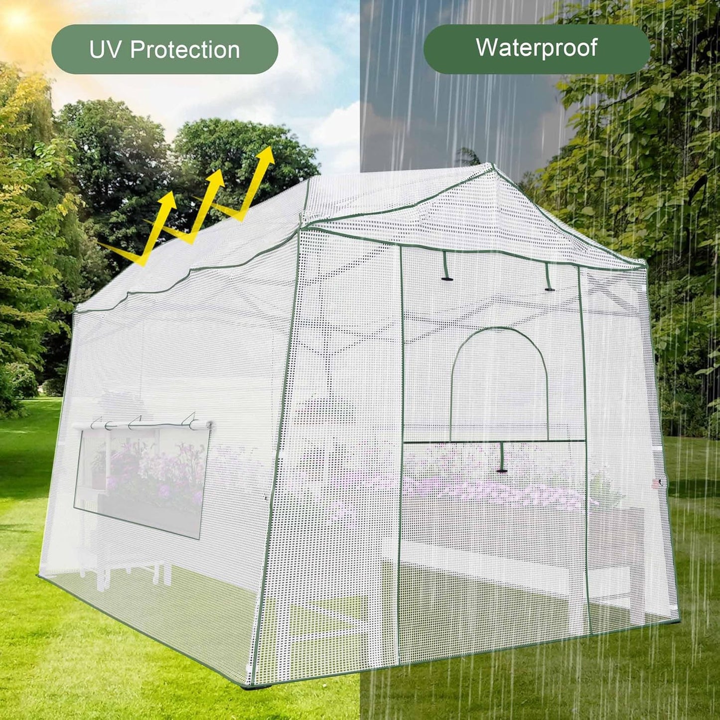 11 x 8.5 FT Walk-in Greenhouse, Portable Pop-up Green House 3 Adjustable Hights Heavy Duty Plant Gardening Canopy with Durable PE Cover for Indoor Outdoor (Clear and White)