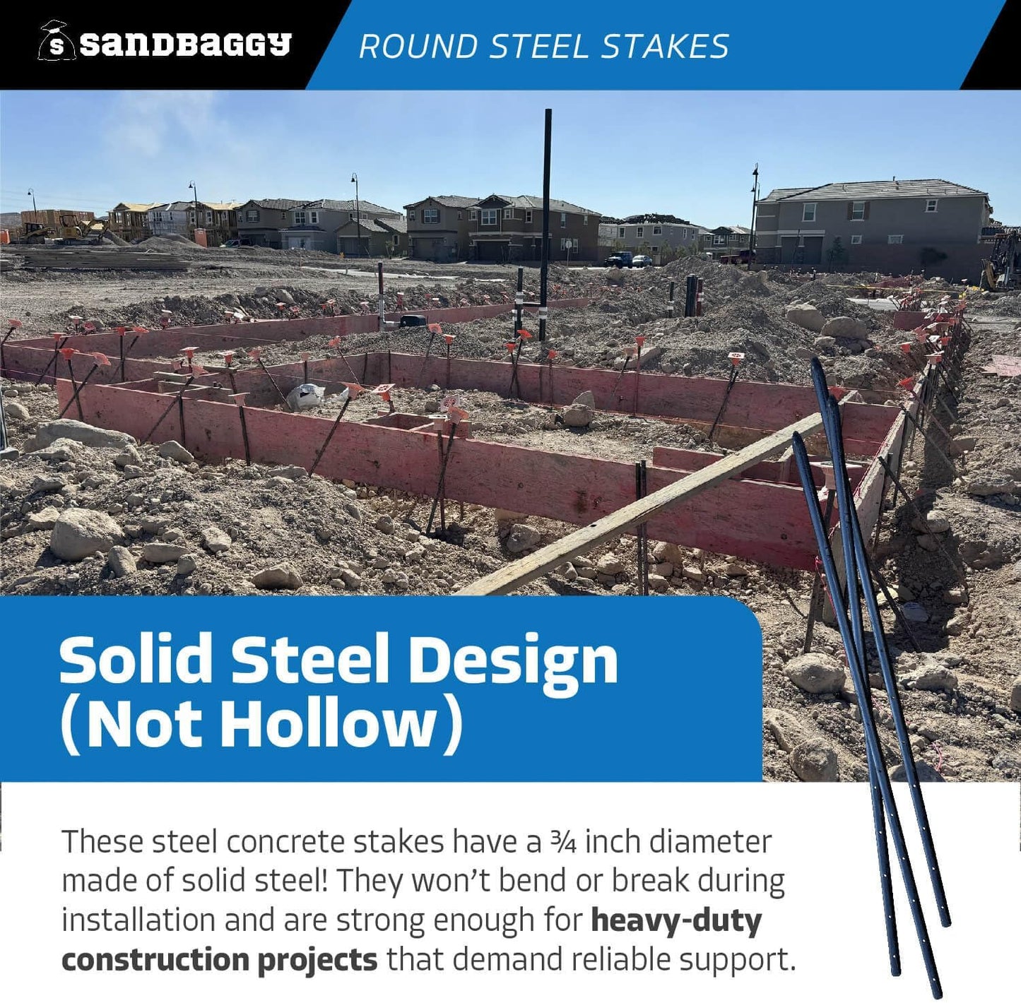 Sandbaggy Round Steel Concrete Form Stakes with Nail Holes - Rust Resistant Coating - Removable, Reusable (400, 3/4 in X 36 in)