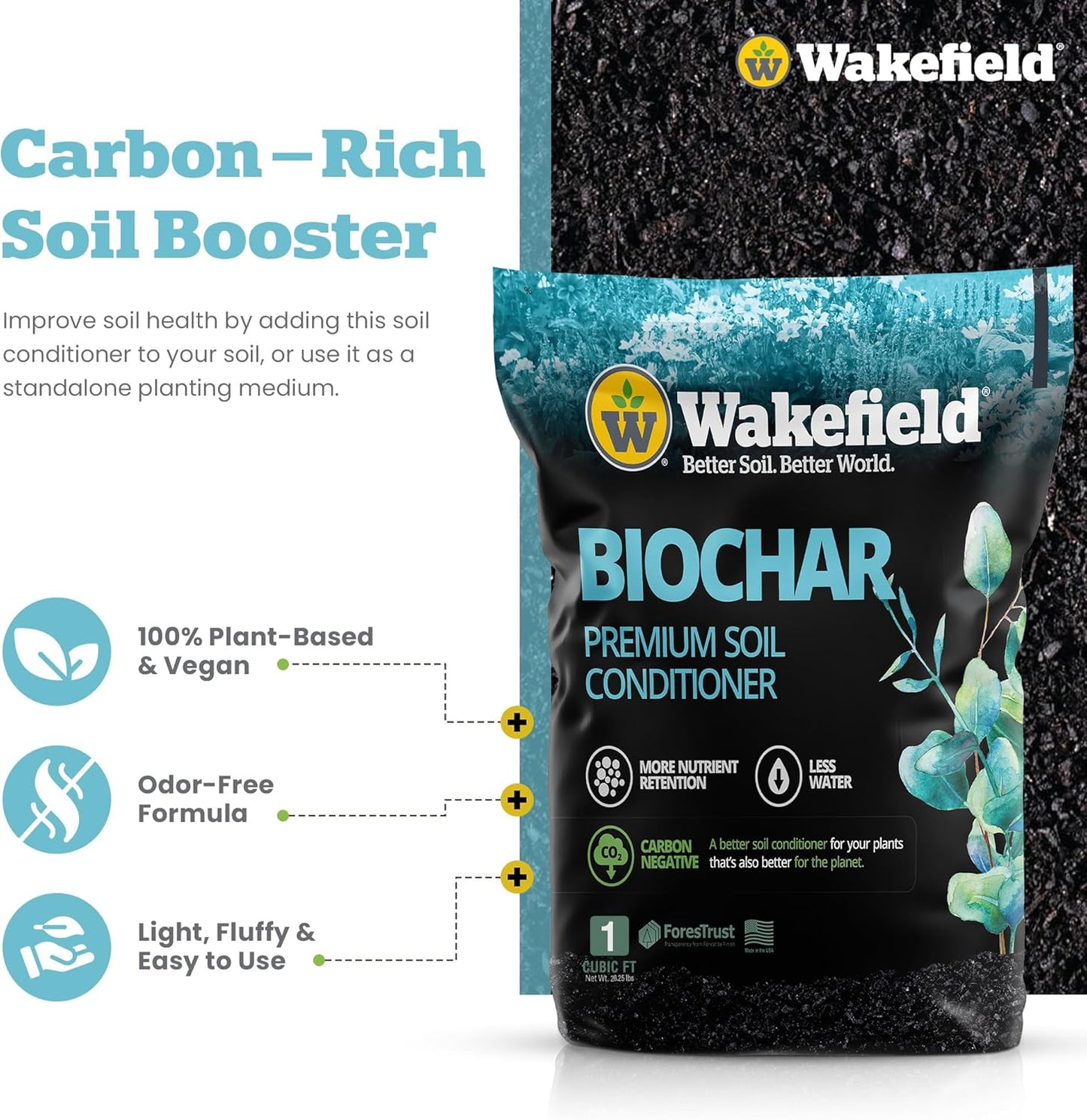 Wakefield Premium Organic Biochar Soil Amendment & Soil Conditioner – Certified Carbon-Negative Nutrient-Locking, Water-Efficient Bio Char for Plants & Lawns - Soil Amendments for Lawn - 1 CF