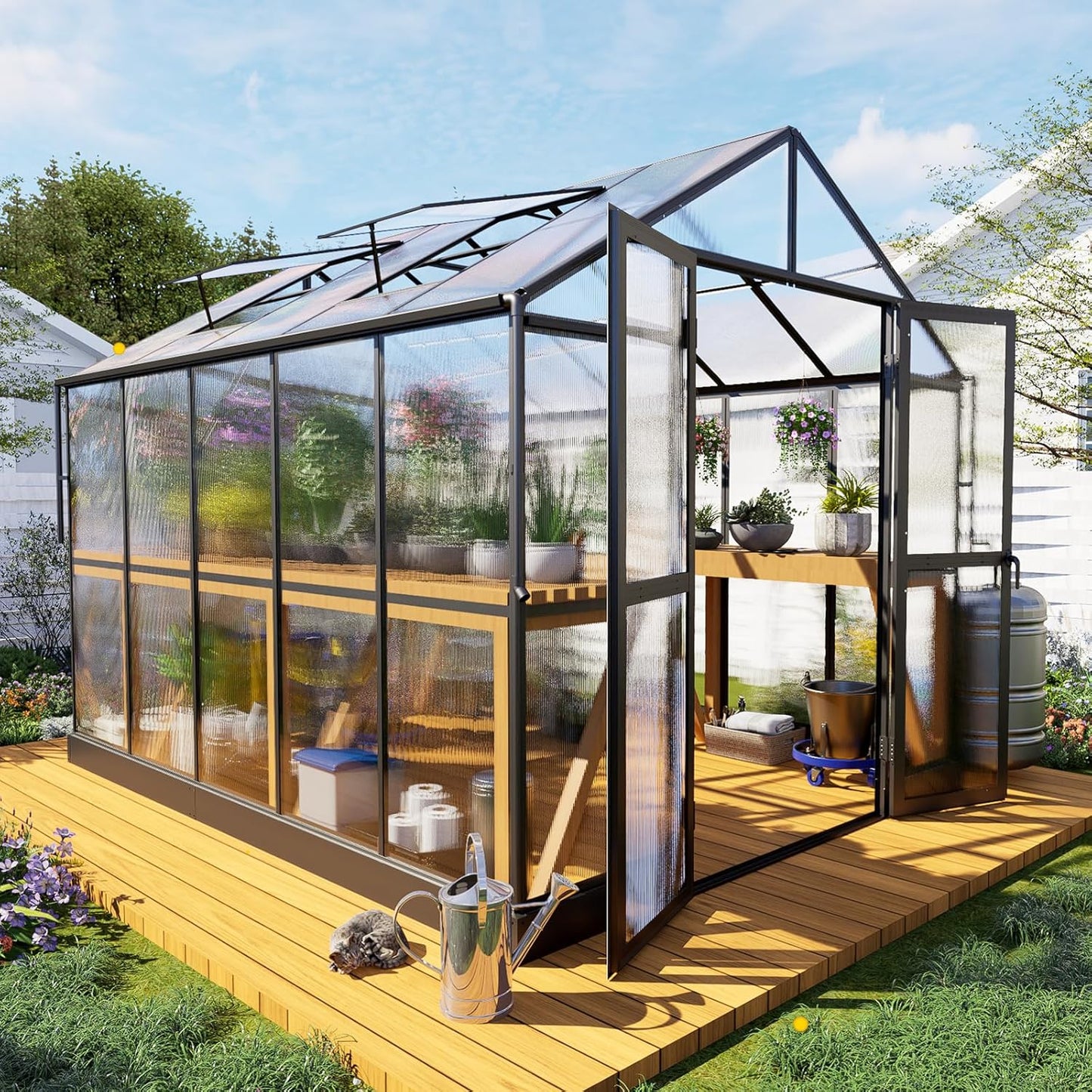 HOWE 8x10x7.5 FT Polycarbonate Greenhouse Double Swing Doors 2 Vents 5.2FT Added Wall Height, Walk-in Large Aluminum Greenhouse Sunroom Winter Greenhouse for Outdoors, Black (54FG-5)