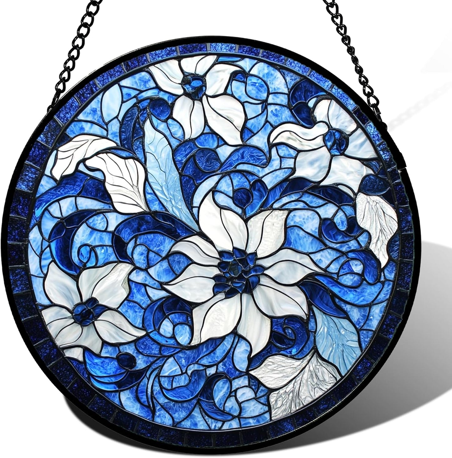 Stained Glass Window Hanging - Blue White Flowers Suncatcher for Doors Garden Patio Boho Style Sun Catchers Decor Christmas Mother's Day Birthday Gifts for Women Men Mom Nana Friend 11.8 in